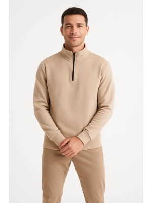Erkek Dik Yaka weatshirt Dik Yaka Yarım Fermuarlı 3 İplik Şardonlu Pamuk Kumaş  Bej