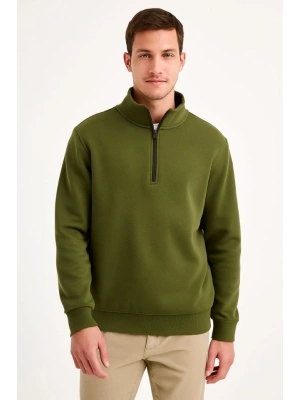 Erkek Dik Yaka weatshirt Dik Yaka Yarım Fermuarlı 3 İplik Şardonlu Pamuk Kumaş  Haki