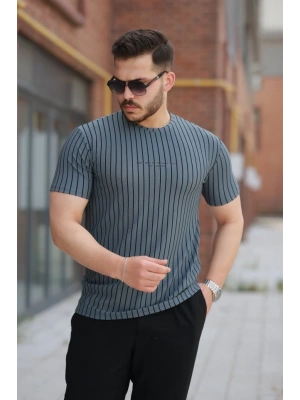 Erkek Dikey çizgili Ottoman Kumaş Kısa Kollu Tshirt