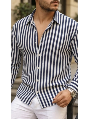 Erkek Dikey Çizgili Yarım Oversize Gömlek