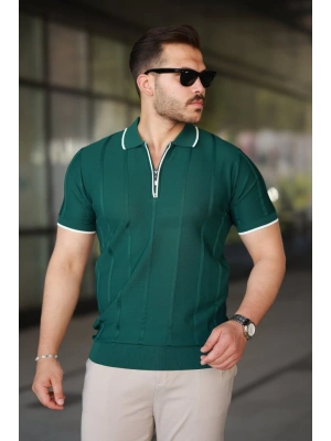 Erkek Dikey Kabartmalı Örgü Dokulu Fermuar Yakalı Tişört