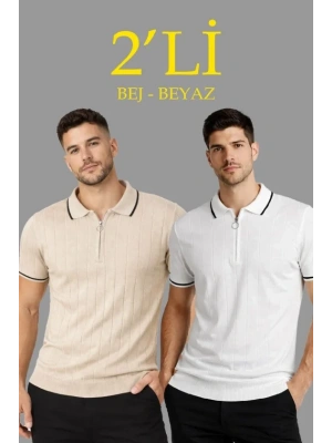 Erkek Dokuma Triko Tişört Fermuar Yakalı Yazlık Kısa Kol Thirt 2’li et BejBeyaz