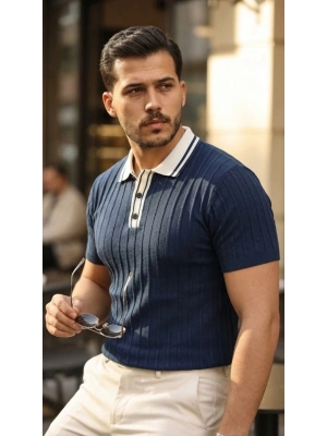 Erkek Düğme Yakalı Kontrast Yaka Triko Tişört