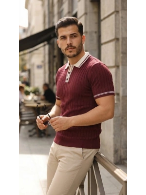 Erkek Düğme Yakalı Kontrast Yaka Triko Tişört