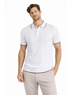 Erkek Düğmeli Yaka Triko Dokuma Tişört Desenli Yazlık Şık Günlük Triko Tişört  Beyaz