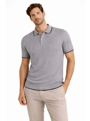 Erkek Düğmeli Yaka Triko Dokuma Tişört Desenli Yazlık Şık Günlük Triko Tişört  Gri