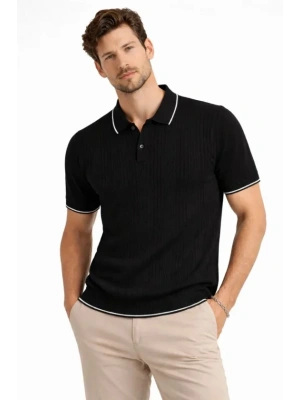 Erkek Düğmeli Yaka Triko Dokuma Tişört Desenli Yazlık  Şık Günlük Triko Tişört  iyah