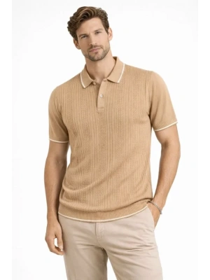 Erkek Düğmeli Yaka Triko Dokuma Tişört Desenli Yazlık Şık Günlük Triko Tişört  Kahverengi