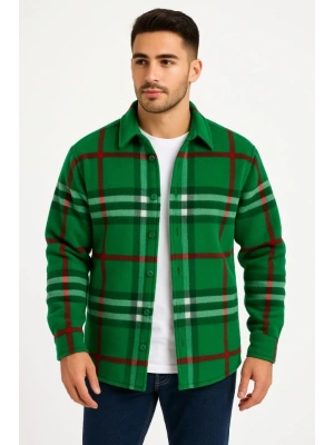 Erkek Ekose Desenli Düğmeli Polar Yakalı Uzun Kollu Gömlek Oversize Rahat Kalıp  Yeşil