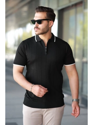Erkek Fermuar Yakalı çizgi Dokulu Kısa Kollu Tişört