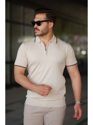 Erkek Fermuar Yakalı çizgi Dokulu Kısa Kollu Tişört