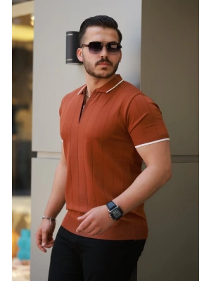 Erkek Fermuar Yakalı çizgi Dokulu Kısa Kollu Tişört