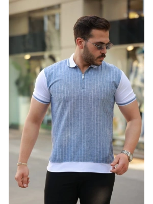 Erkek Fermuar Yakalı çizgili Kısa Kollu Tişört