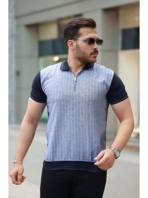 Erkek Fermuar Yakalı çizgili Kısa Kollu Tişört