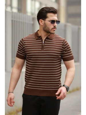 Erkek Fermuar Yakalı çizgili Kısa Kollu Tshirt