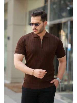 Erkek Fermuar Yakalı Kısa Kollu Tişört