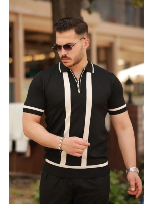 Erkek Fermuar Yakalı şerit Detaylı Kısa Kollu Tişört