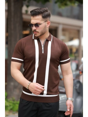 Erkek Fermuar Yakalı şerit Detaylı Kısa Kollu Tişört