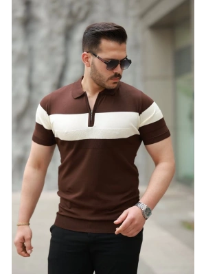 Erkek Fermuar Yakalı şerit Renk Desenli Kısa Kollu Tişört
