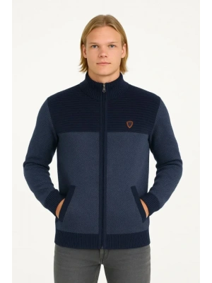 Erkek Fermuarlı Triko Hırka Yüksek Yaka, Cepli, Günlük Şık Rahat Kalıp Triko  acivert