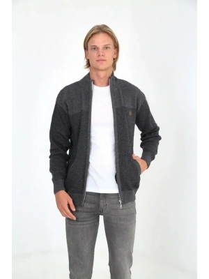 Erkek Fermuarlı Triko Hırka Yüksek Yaka, Cepli, Günlük Şık Rahat Kalıp Triko  Gri