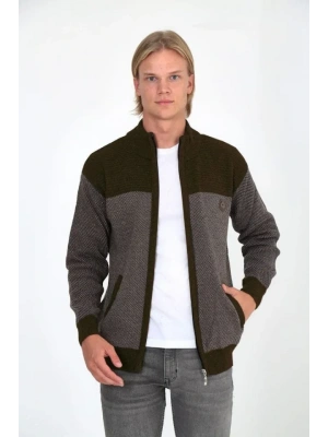 Erkek Fermuarlı Triko Hırka Yüksek Yaka, Cepli, Günlük Şık Rahat Kalıp Triko  Kahverengi