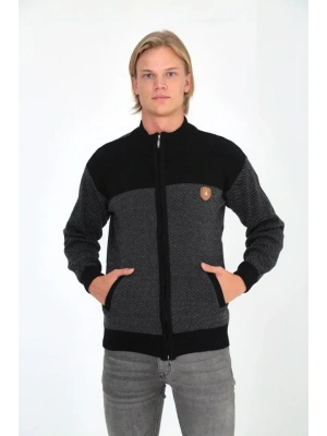 Erkek Fermuarlı Triko Hırka Yüksek Yaka, Cepli, Günlük Şık Rahat Kalıp Triko  Siyah