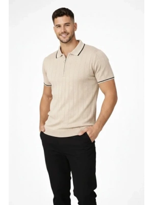 Erkek Fermuarlı Yaka Fitilli Triko Kısa Kollu Regular Fit Tişört Tshirt  Bej