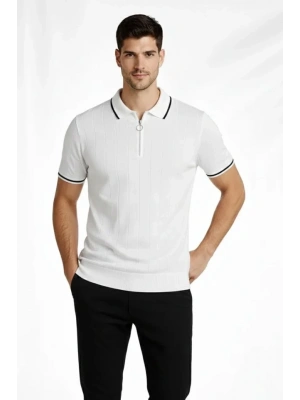 Erkek Fermuarlı Yaka Fitilli Triko Kısa Kollu Regular Fit Tişört Tshirt  Beyaz