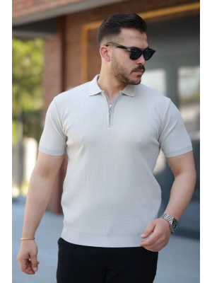 Erkek Fermuarlı Yakalı Kısa Kollu Tshirt