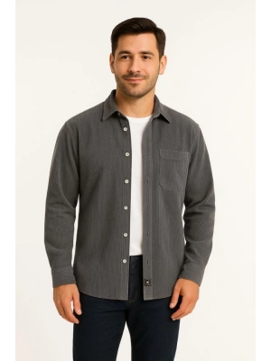 Erkek Fitilli Kadife Cepli Gömlek Oversize Rahat Kalıp  Füme