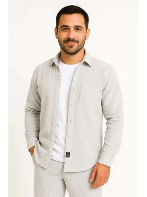 Erkek Fitilli Kadife Cepli Gömlek Oversize Rahat Kalıp  Gri