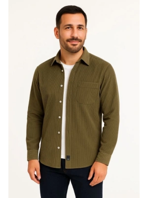 Erkek Fitilli Kadife Cepli Gömlek Oversize Rahat Kalıp  Haki