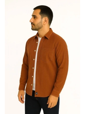 Erkek Fitilli Kadife Cepli Gömlek Oversize Rahat Kalıp  Kahverengi