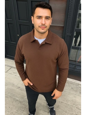 Erkek Fitilli Polar weatshirt – Düğmesiz Polo Yaka, Oversize Rahat Kalıp, Kalın Polar Kumaş, Kışlık Ve Baharlık Şık Günlük Üst  Kahverengi