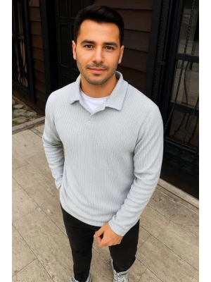 Erkek Fitilli Polar weatshirt – Düğmesiz Polo Yaka, Oversize Rahat Kalıp, Kalın Polar Kumaş, Kışlık Ve Baharlık Şık Günlük Üst  Gri