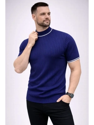 Erkek Fitilli Triko Dokuma Kısa Kol Tişört Yarım Boğaz odern Yazlık Thirt  acivert