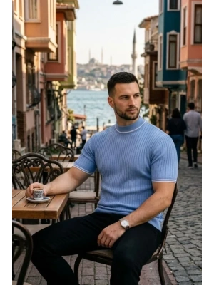 Erkek Fitilli Triko Dokuma Kısa Kol Tişört Yarım Boğaz odern Yazlık Thirt  Bebe avisi