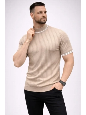 Erkek Fitilli Triko Dokuma Kısa Kol Tişört Yarım Boğaz odern Yazlık Thirt  Bej
