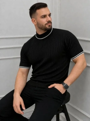 Erkek Fitilli Triko Dokuma Kısa Kol Tişört Yarım Boğaz odern Yazlık Thirt  iyah