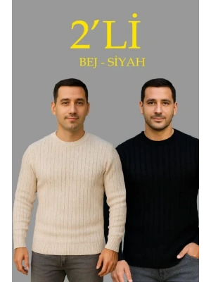 Erkek Fitilli Triko Kazak 2’li et Bej Beyaz Kalın Dokuma Pamuklu Regular Fit Bisiklet