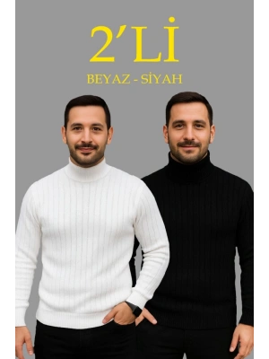 Erkek Fitilli Triko Kazak 2li et Beyaz iyah Regular Balıkcı Yaka Tam Boğazlı Triko eti odeli Kazak