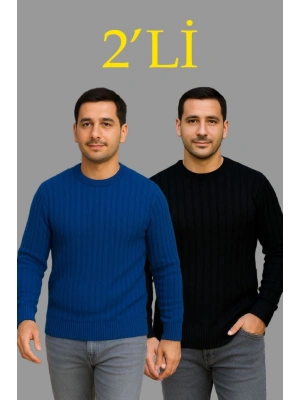 Erkek Fitilli Triko Kazak 2’li et – iyah  aks avisi, Kalın Dokuma Pamuklu Regular Fit Bisiklet Yaka Uzun Kollu Rahat Kışlık Kazak Kombini