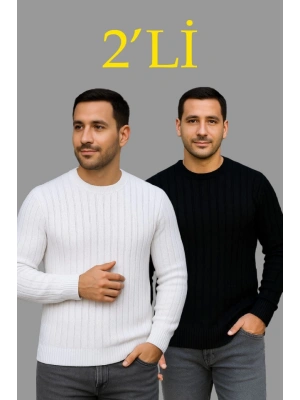 Erkek Fitilli Triko Kazak 2’li et – iyah  Beyaz, Kalın Dokuma Pamuklu Regular Fit Bisiklet Yaka Uzun Kollu Rahat Kışlık Kazak Kombini