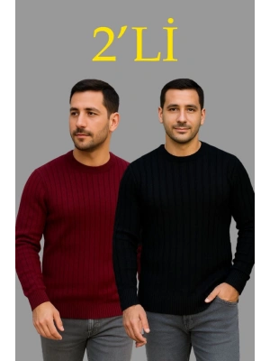 Erkek Fitilli Triko Kazak 2’li et – iyah  Bordo, Kalın Dokuma Pamuklu Regular Fit Bisiklet Yaka Uzun Kollu Rahat Kışlık Kazak Kombini