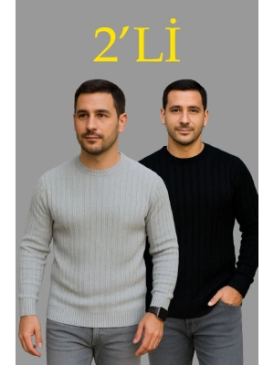 Erkek Fitilli Triko Kazak 2’li et – iyah  Gri, Kalın Dokuma Pamuklu Regular Fit Bisiklet Yaka Uzun Kollu Rahat Kışlık Kazak Kombini