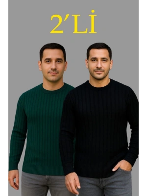 Erkek Fitilli Triko Kazak 2’li et – iyah  Haki, Kalın Dokuma Pamuklu Regular Fit Bisiklet Yaka Uzun Kollu Rahat Kışlık Kazak Kombini