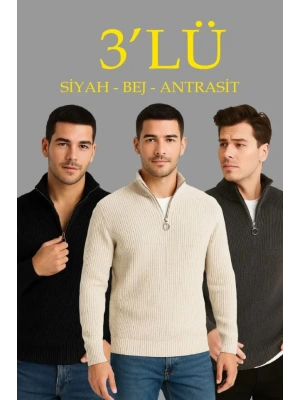 Erkek Fitilli Triko Kazak 3’lü et – Antrasit, iyah, Bej Kalın Dokuma Pamuklu Regular Fit V Yaka Fermuarlı Uzun Kollu Rahat Kışlık Kazak Kombini