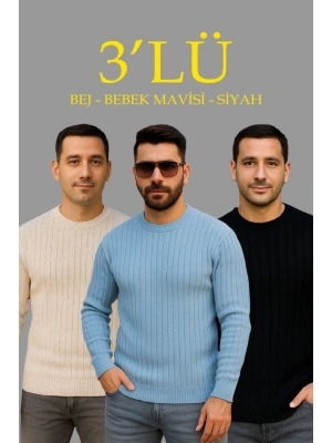 Erkek Fitilli Triko Kazak 3’lü et – Bej, Bebek avisi, iyah  Kalın Dokuma Pamuklu Regular Fit Bisiklet Yaka Uzun Kollu Kışlık Ve Baharlık Rahat Triko Kombini