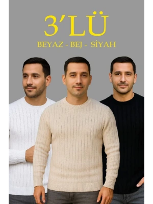 Erkek Fitilli Triko Kazak 3’lü et – Bej, Beyaz, iyah  Kalın Dokuma Pamuklu Regular Fit Bisiklet Yaka Uzun Kollu Kışlık Ve Baharlık Rahat Triko Kombini